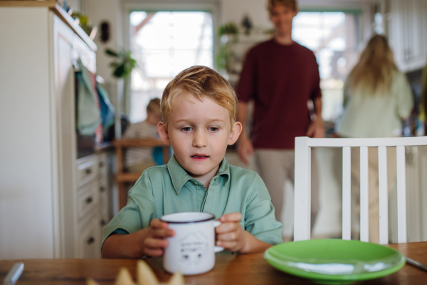 Young boy drinking cup of warm milk or cocoa in the morning. Family eating breakfast together in home kitchen. Healthy breakfast or snack before school and work.