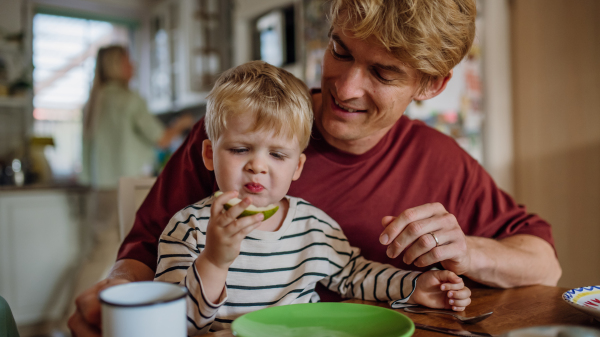 Father helping toddler to eat breakfast, in home kitchen. Healthy breakfast or snack before kindergarden and work.