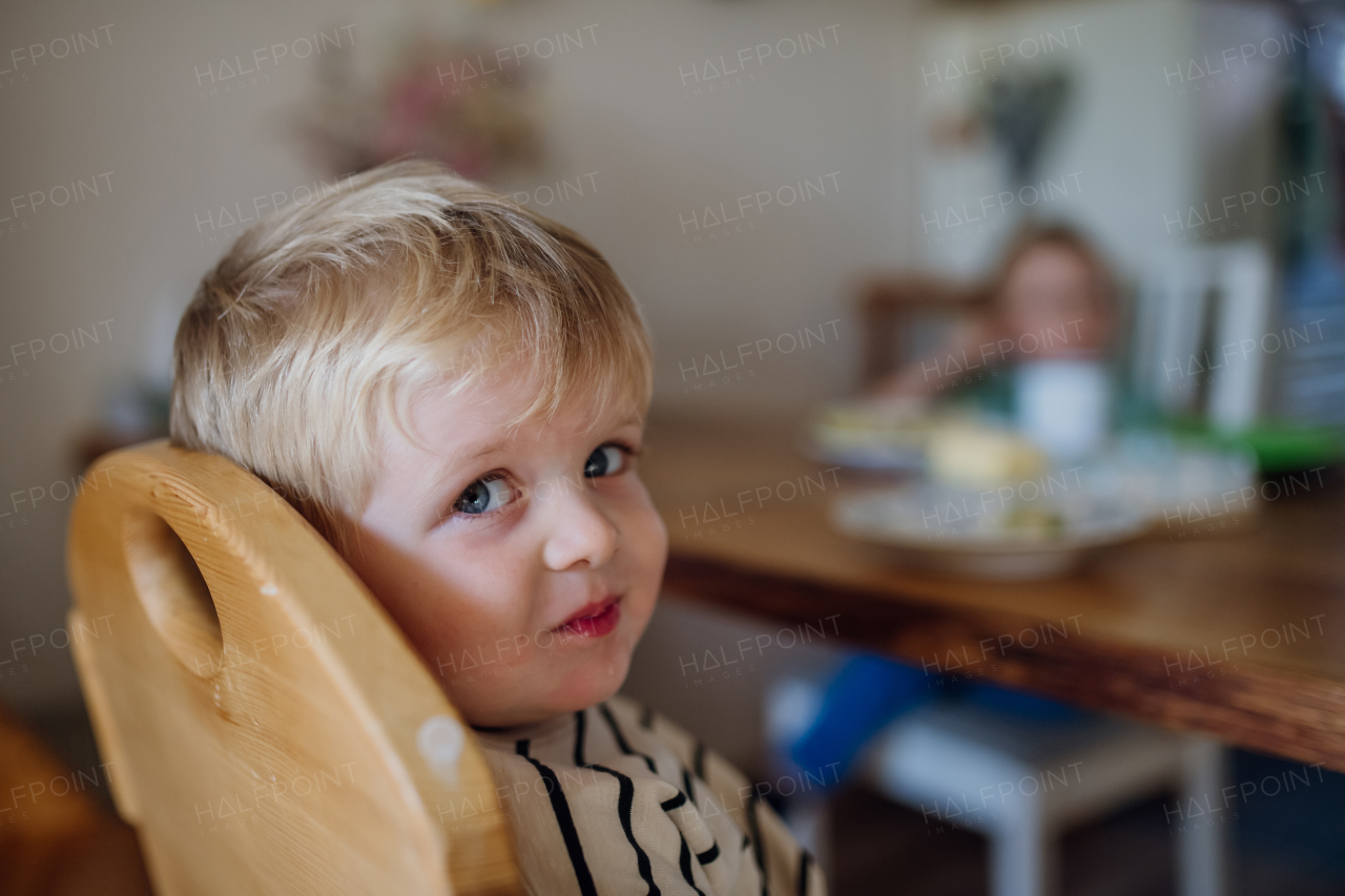 Little cute boy eating breakfast in high chair in home kitchen. Healthy breakfast or snack before day care.