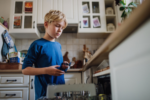 Young boy helping to load dishwasher after breakfast. Cleaning the kitchen before leaving to school. Family morning routine.