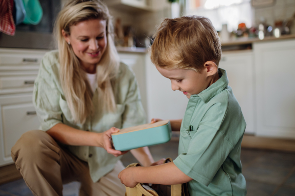 Mom is packing snack for her son for school. Putting lunch box with healthy snack into his school bag for lunch.