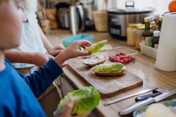 Boy helping mother to make school lunch for lunchbox in the kitchen. Preparing healthy snack for school.