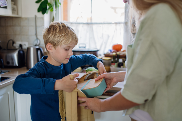 Mom is packing snack for her son for school. Putting lunch box with healthy snack into his school bag for lunch.