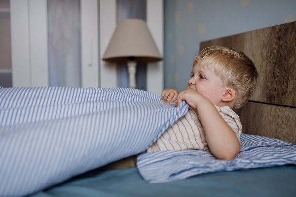 Portrait of cute little baby boy waking up in the morning. Sleep training for toddlers.