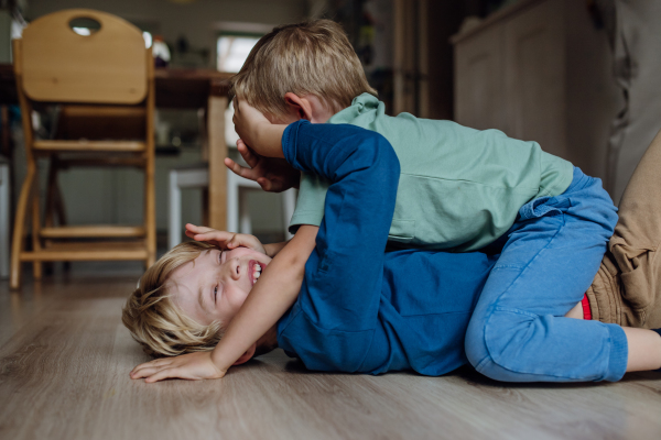 Two little boys fighting and lying on the floor, brothers having fun at home. Concept of sibling relationship and brotherly love.