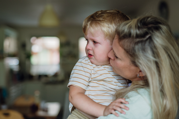 Mother calming little son, holding him, kissing on cheek. Boy is sad, crying.Concept of defiant toddler.