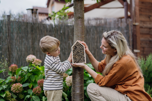 Mother, mom and son making an bug hotel, or insect house outdoors in the garden. Boy learning about insects, garden ecosystem and biodiversity.