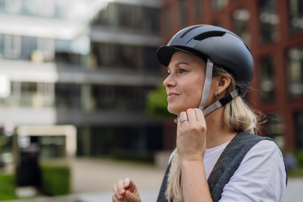 Beautiful middle-aged woman commuting through the city by bike. Female city commuter traveling from work by bike after a long workday.