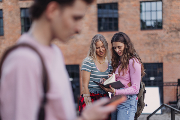 Young stylish generation Z students in front school building after school. Young female zoomers talking and gossiping during lunch break in the school. Concept of power of friendship and importance of education for gen Z.