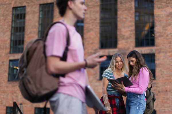 Young stylish generation Z students outdoors in front of school building. Young female zoomers talking and gossiping during lunch break in the school. Concept of power of friendship and importance of education for gen Z.