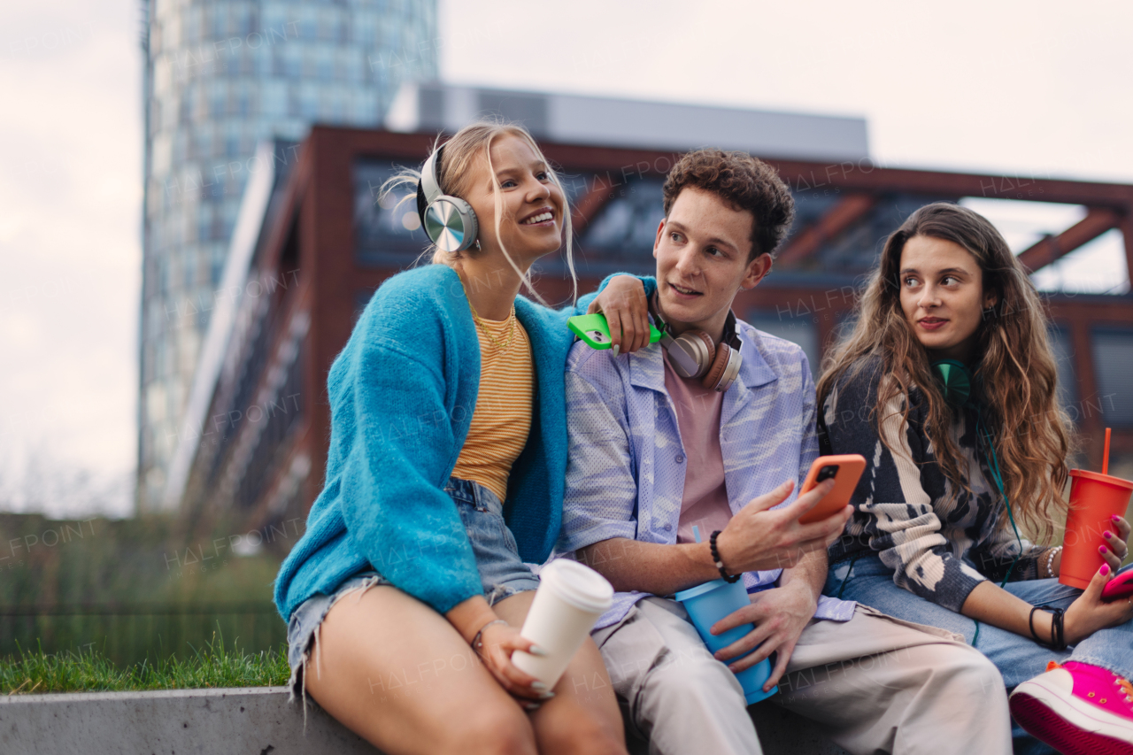 Generation z students hanging out together outdoors in the city. Young stylish zoomers are online, using smartphones, social media, taking selfies. Concept of power of friendship and social strength of gen Z.