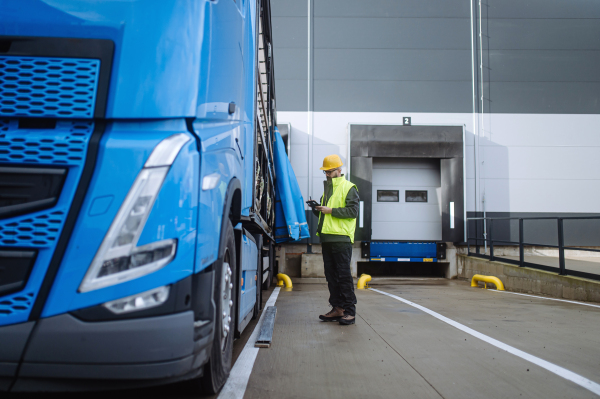 Warehouse receiver, worker standing by blue truck, holding tablet, looking at cargo details, checking delivered items or goods against order.