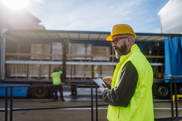 Warehouse manager overseeing unloading of truck, holding tablet, looking at cargo details, checking delivered items, goods against order, quality control.