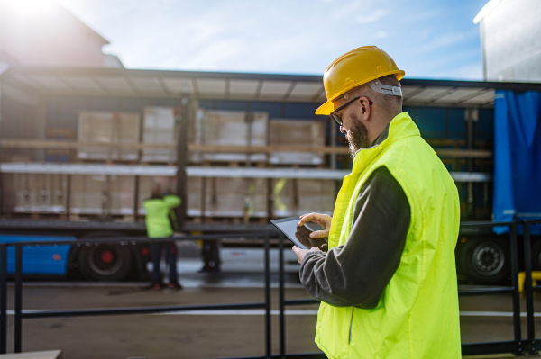 Warehouse manager overseeing unloading of truck, holding tablet, looking at cargo details, checking delivered items, goods against order, quality control.