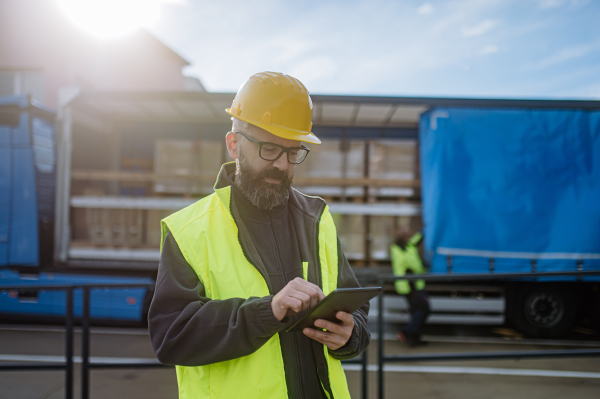 Warehouse manager overseeing unloading of truck, holding tablet, looking at cargo details, checking delivered items, goods against order, quality control.