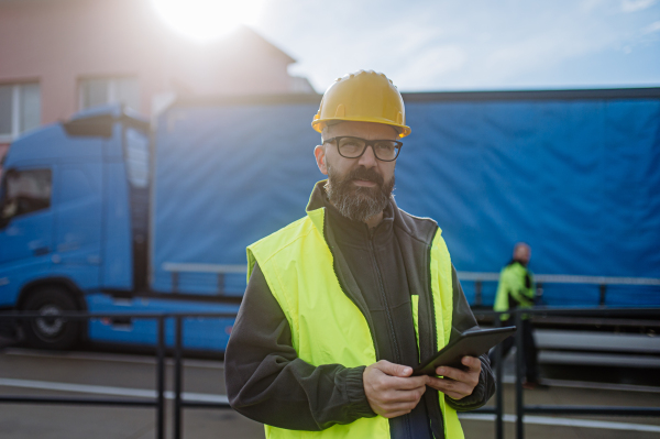 Warehouse manager overseeing unloading of truck, holding tablet, looking at cargo details, checking delivered items, goods against order, quality control.