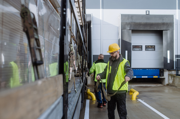 Warehouse receivers unloading of the truck in front of warehouse, checking delivered items. Unloading cargo.