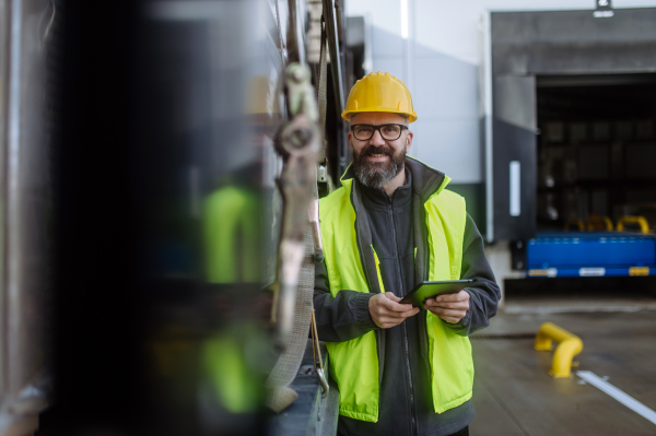 Portrait of warehouse receiver standing by blue truck and holding tablet. Receiving clerk looking at cargo details, checking delivered items or goods against order.