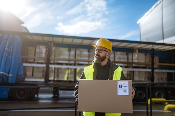 Warehouse receiver unloading of the truck in front of warehouse, carrying cardboard box with delivered items.