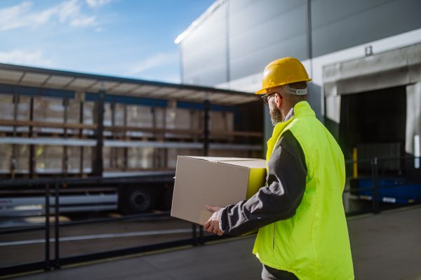 Warehouse receiver unloading of the truck in front of warehouse, carrying cardboard box with delivered items.