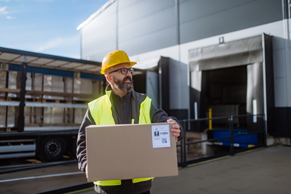 Warehouse receiver unloading of the truck in front of warehouse, carrying cardboard box with delivered items.