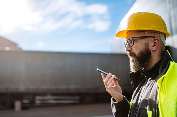 Side view of warehouse worker standing outdoors, phone calling with truck driver. Warehouse receiver waiting for a delivery.