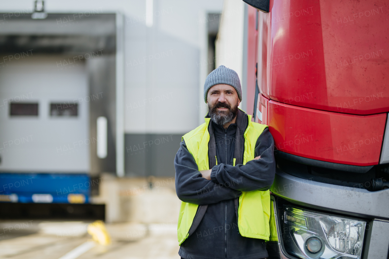 Truck driver standing with arms crossed leaning on his truck and looking at camera.