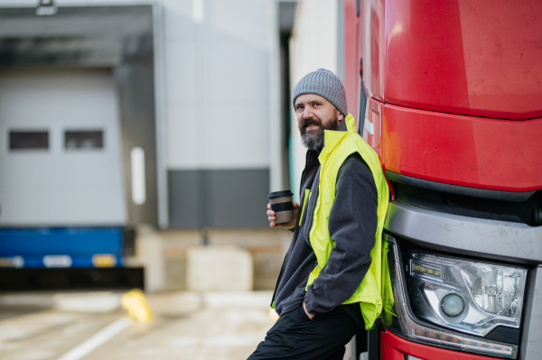 Truck driver leaning against hist red truck and drinking coffee, waiting for warehouse workers.