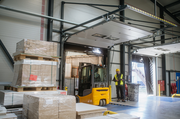 Warehouse receiver, clark overseeing the storing of delivered items, holding tablet, looking at cargo details. Forklift carrying pallets with goods.