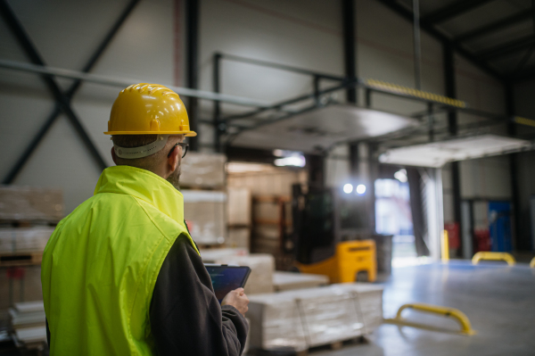 Warehouse receiver, clark standing by delivered cargo, holding tablet, looking at cargo details, checking delivered items, goods against order.