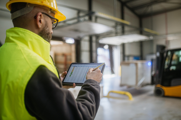 Warehouse receiver, clark standing by delivered cargo, holding tablet, looking at cargo details, checking delivered items, goods against order.