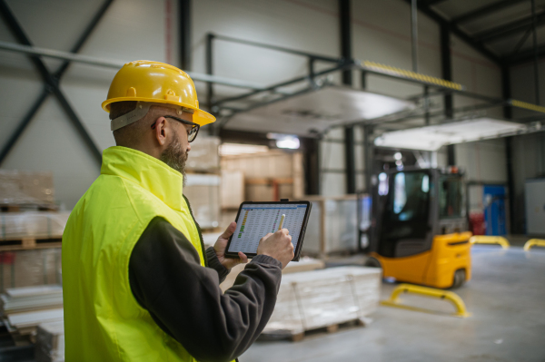 Warehouse receiver, clark standing by delivered cargo, holding tablet, looking at cargo details, checking delivered items, goods against order.