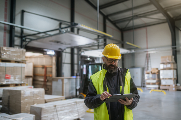 Warehouse receiver, clark standing by delivered cargo, holding tablet, looking at cargo details, checking delivered items, goods against order.