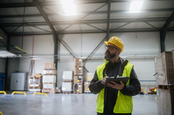 Warehouse receiver, clark standing by delivered cargo, holding tablet, looking at cargo details, checking delivered items, goods against order.