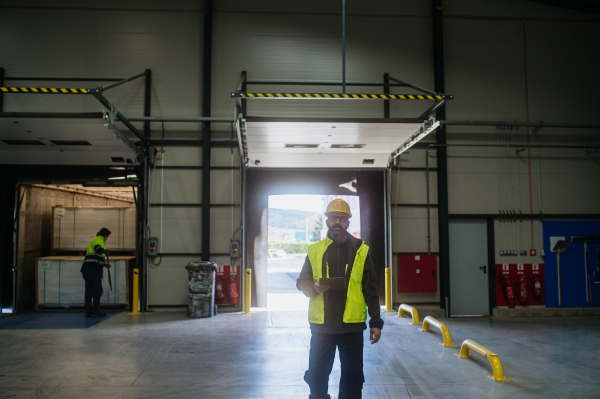 Warehouse receiver, clark overseeing the storing of delivered items, holding tablet, looking at cargo details.