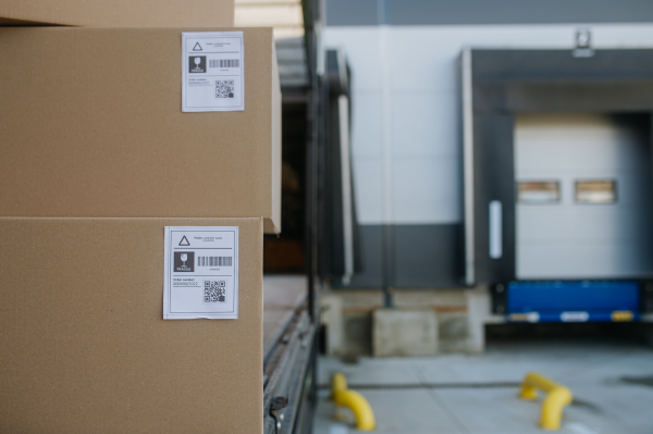 Close up of cardboard boxes, delivered goods in front of warehouse. Concept of load management.