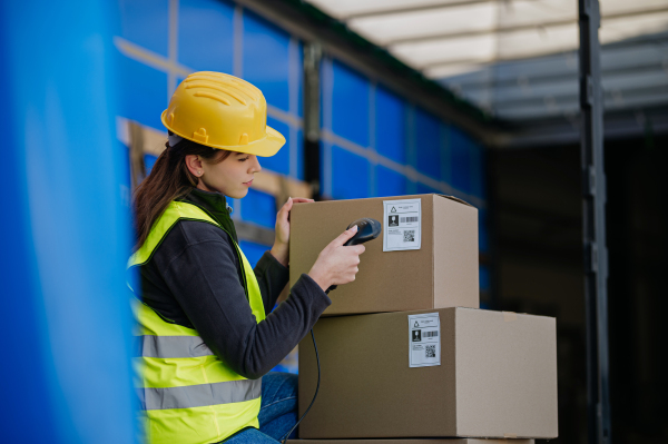 Female warehouse receiver kneeling inside of truck in cargo area, trailer, barcode scanning delivered items. Receiving clerk holding scanner checking delivered goods against order.