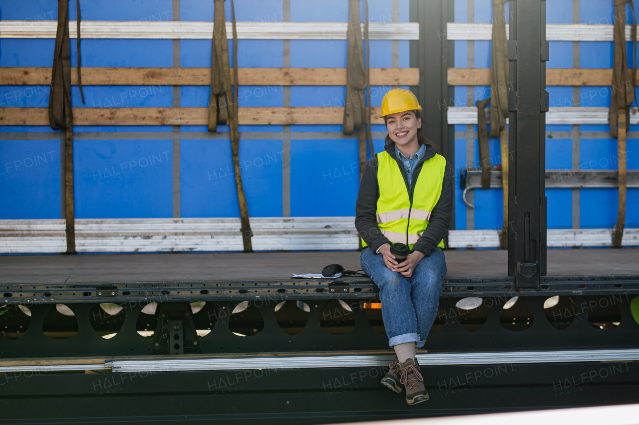 Portrait of female warehouse receiver in reflective vest and helmet sitting inside of truck in cargo area, trailer.