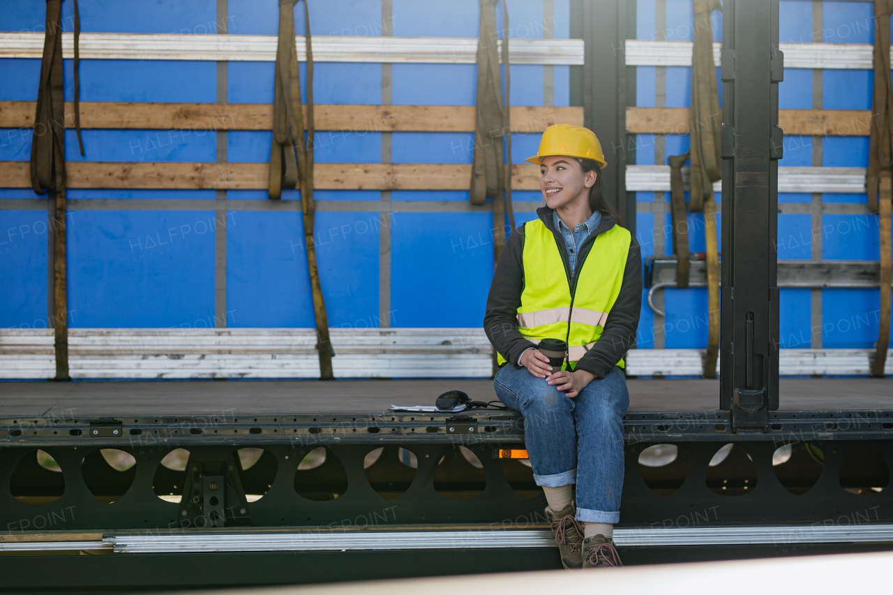 Portrait of female warehouse receiver in reflective vest and helmet sitting inside of truck in cargo area, trailer.