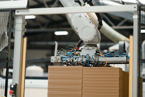 Industrial automation and robotics in modern industrial factory. Advanced, high precision robotic arm assembling wooden furniture in big furniture manufacturing facility with robotic arms and automation.