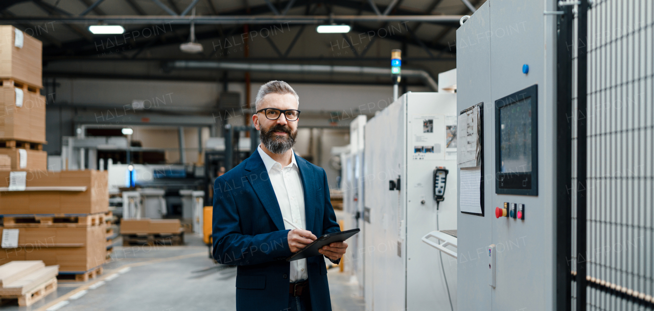 Banner with project manager standing in modern industrial factory. Manufacturing facility with robotics, robotic arms and automation. Storing products and materials in warehouse. Banner with copy space.