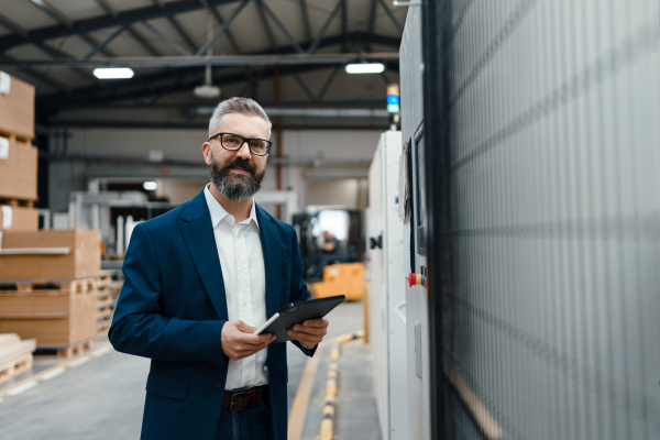 Portrait of project manager standing in modern industrial factory. Manufacturing facility with robotics, robotic arms and automation. Storing products and materials in warehouse.