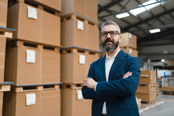 Warehouse manager, logistics employee in warehouse, planning transport of products, goods or shipping process. Storing products and materials in warehouse.