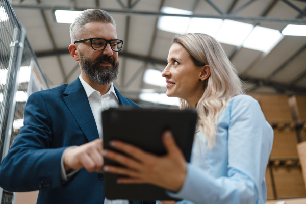 Female warehouse manager talking with logistics employee in warehouse, planning transport of products, goods, talking shipping process. Storing products and materials in warehouse.