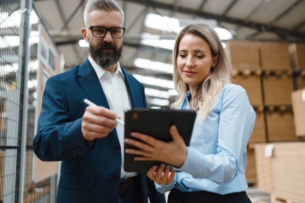 Female engineer and male project manager standing in modern industrial factory, talking about production. Manufacturing facility with robotics, robotic arms and automation.