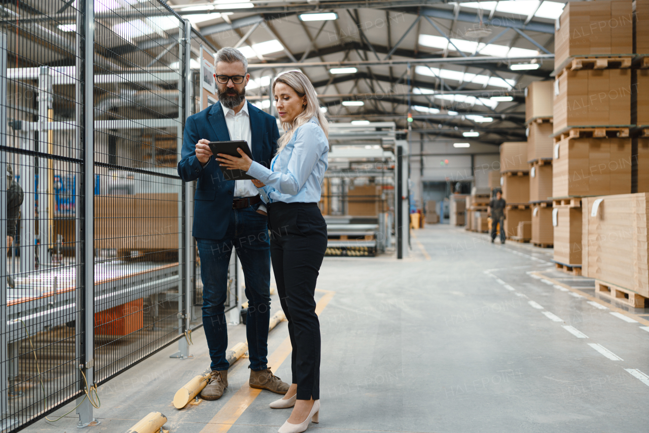 Female engineer and male production manager standing in modern industrial factory, talking about production. Manufacturing facility with robotics, robotic arms and automation.