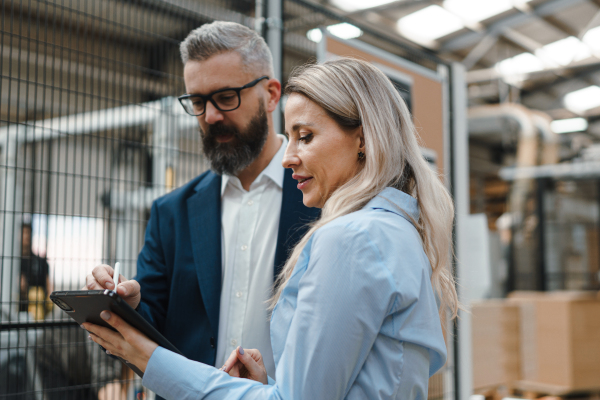 Female engineer and male supervisor standing in modern industrial factory, talking about production. Manufacturing facility with robotics, robotic arms and automation.