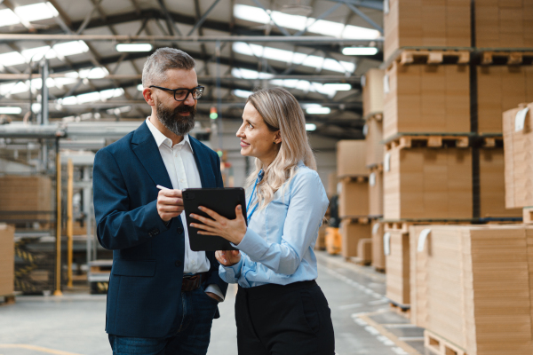 Female warehouse manager talking with logistics employee in warehouse, planning transport of products, goods, talking shipping process. Storing products and materials in warehouse.