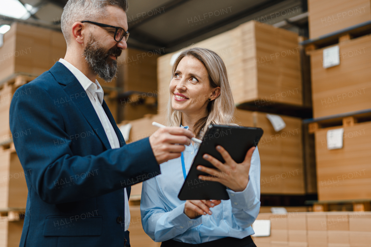 Female warehouse manager talking with logistics employee in warehouse, planning transport of products, goods, talking shipping process. Storing products and materials in warehouse.