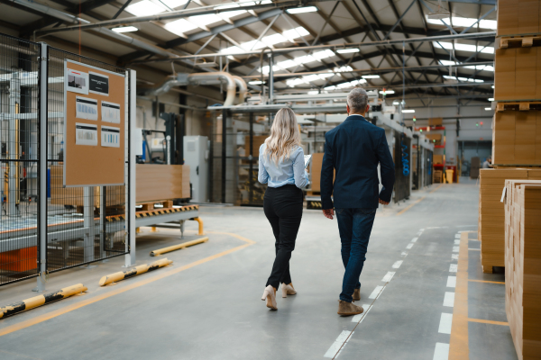 Rear view of female warehouse manager talking with logistics employee in warehouse, planning transport of products, goods, talking shipping process. Storing products and materials in warehouse.